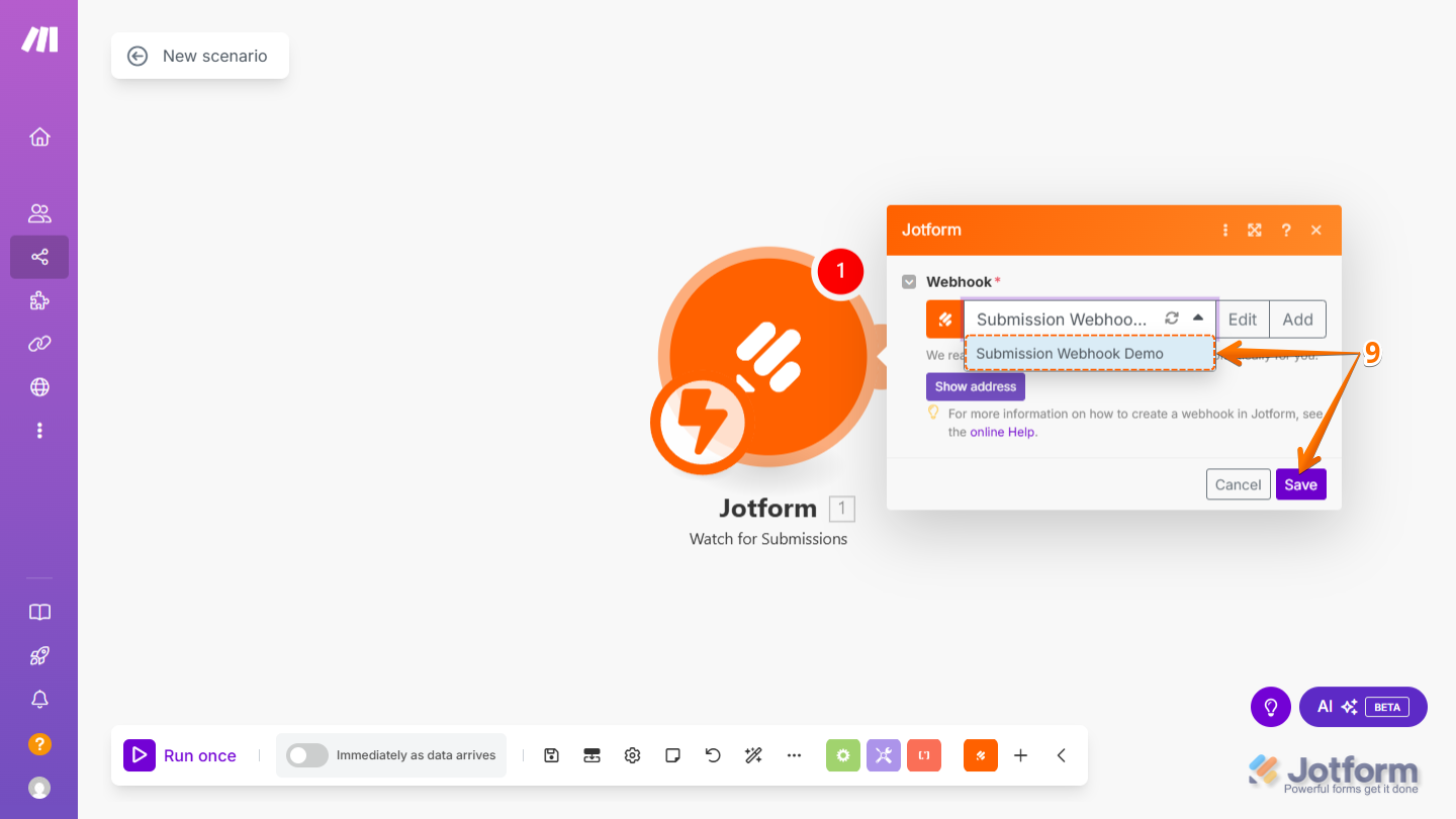Webhook recién creado seleccionado del Menú Desplegable de Webhook y botón Guardar