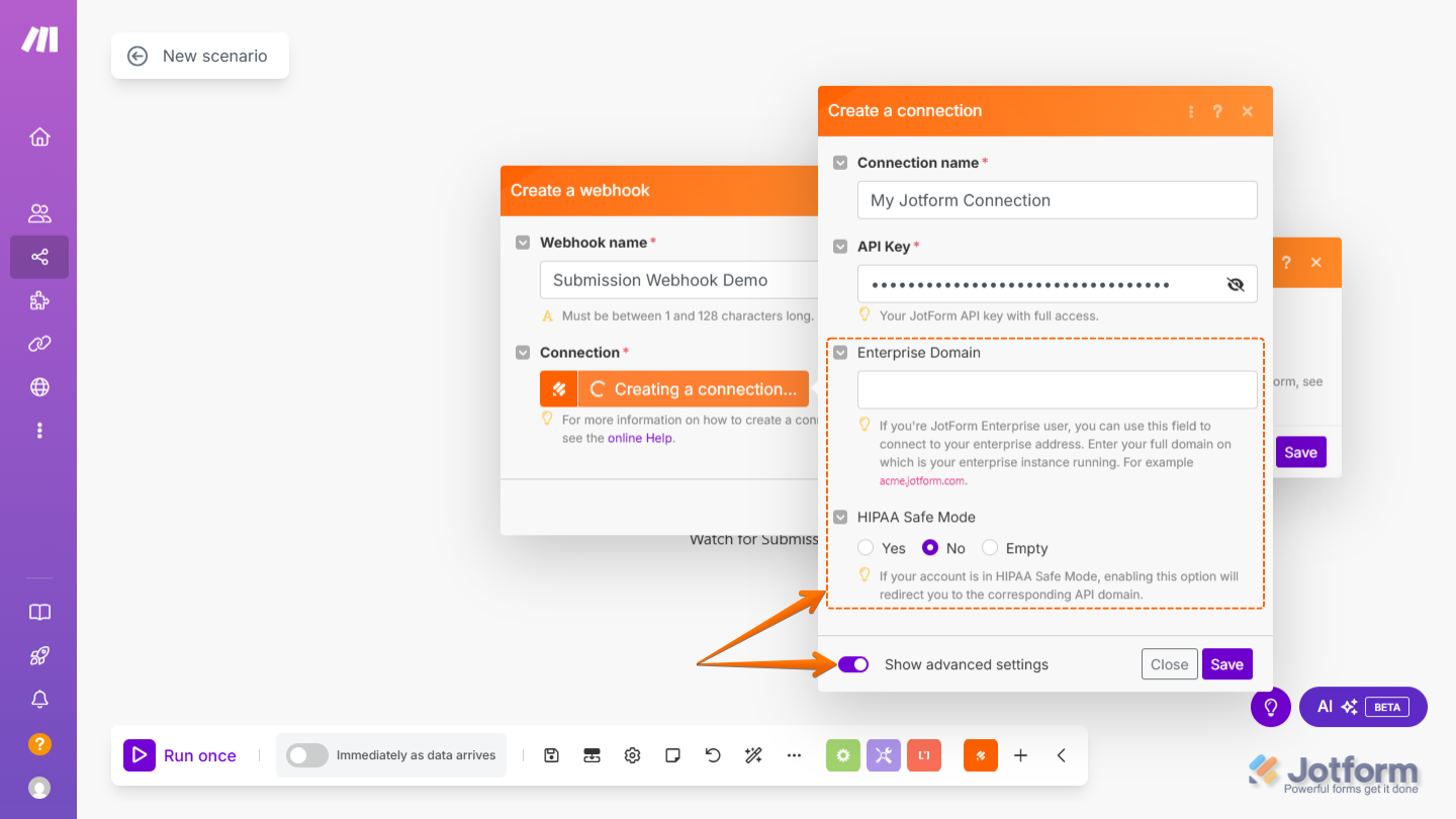 Para usuarios de Jotform HIPAA y Empresarial, opción para configurar el Dominio Empresarial y modo seguro HIPAA en Make con Jotform