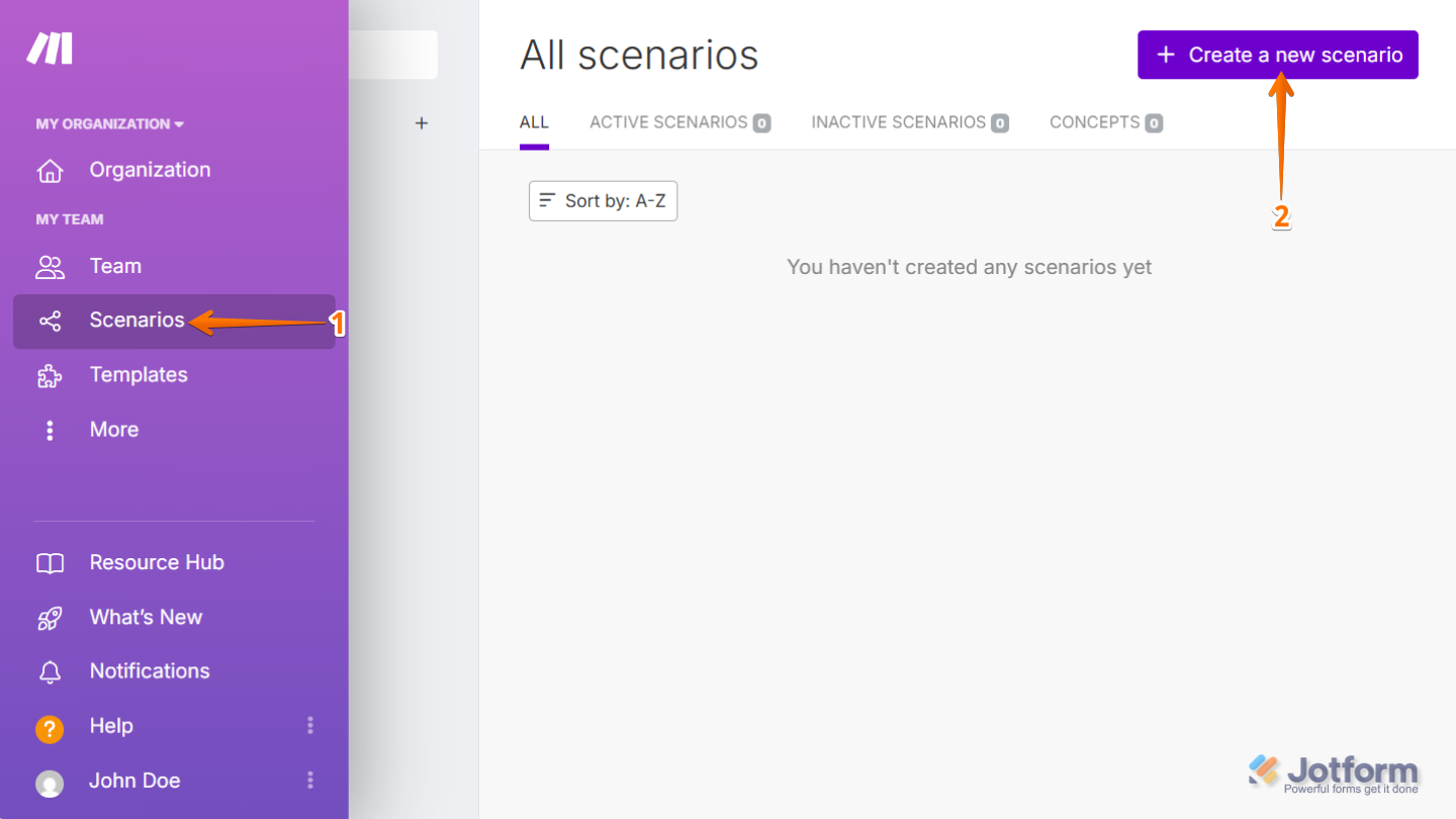 Crear un nuevo escenario en Make con Jotform seleccionado.
