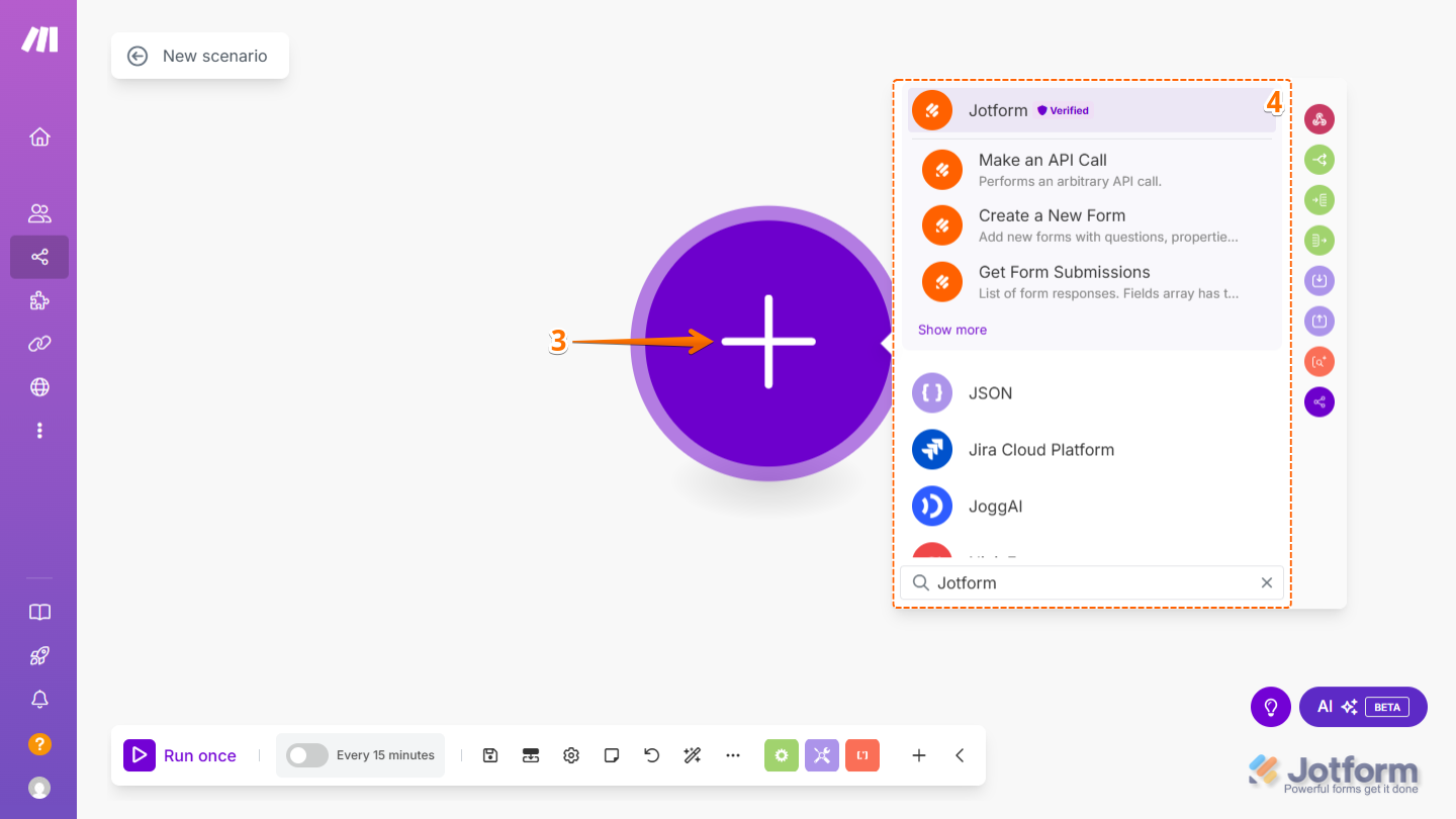 Añade Jotform a tu escenario en Make haciendo clic en el icono más y seleccionándolo de la lista