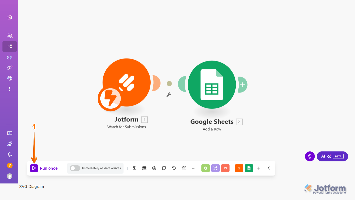 Prueba tu escenario de Make haciendo clic en el botón Reproducir en la parte inferior izquierda del Diagrama de Escenario para asegurar que la integración de Jotform y Google Sheets funcione correctamente