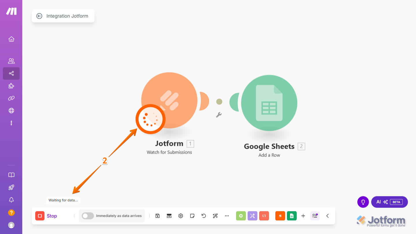 Envía una entrada de prueba en tu formulario de Jotform para que el escenario de Make pueda recibir y procesar los datos