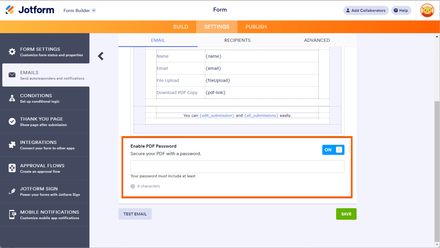 Enable PDF Password toggle in the email