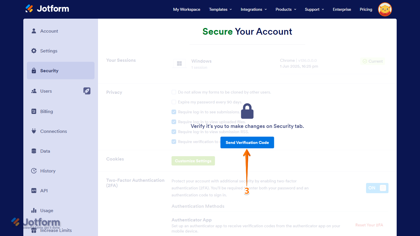 Send Verification Code button in the Verification prompt of the Security tab on the Account Settings page