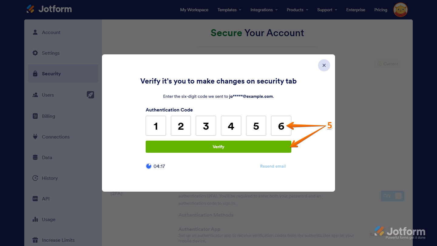Verify button and verification code entered in the Verification window of the Security tab on the Account Settings page
