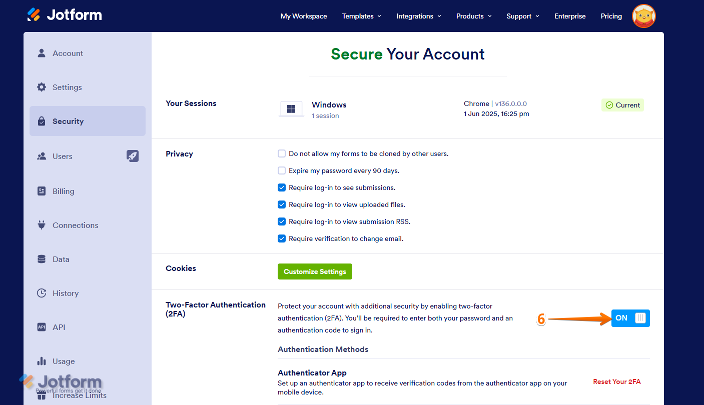 Toggled on switch of the Two-Factor Authentication (2FA) section in the Security tab on the Account Settings page