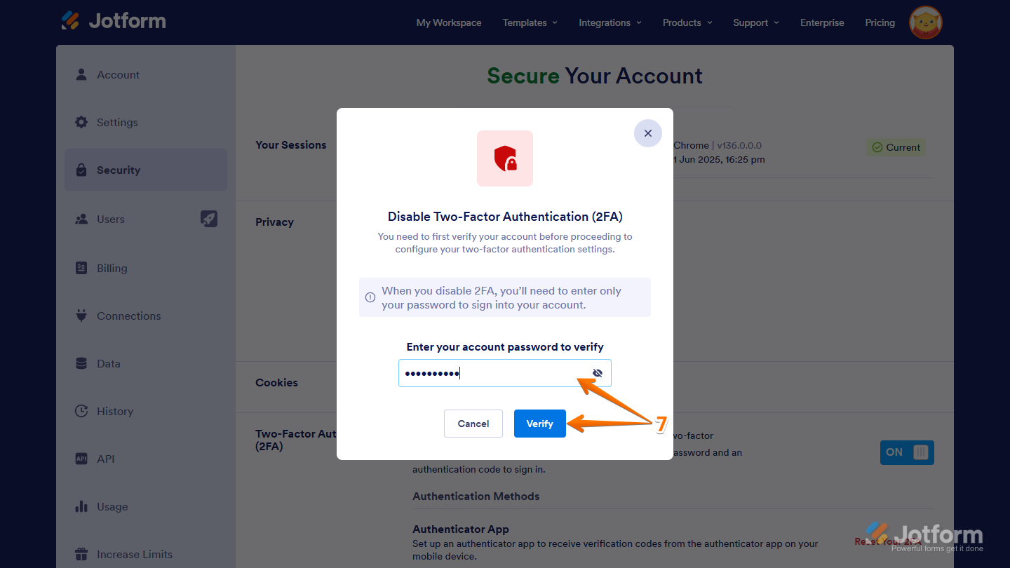 Verify button in the Disable Two-Factor Authentication (2FA) Confirmation window of the Security tab on the Account Settings page