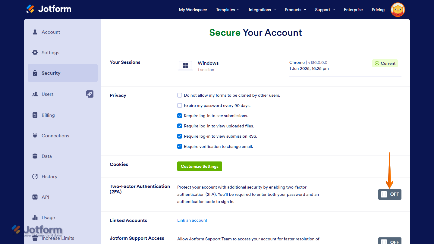 Toggled off switch of the Two-Factor Authentication (2FA) section in the Security tab on the Account Settings page