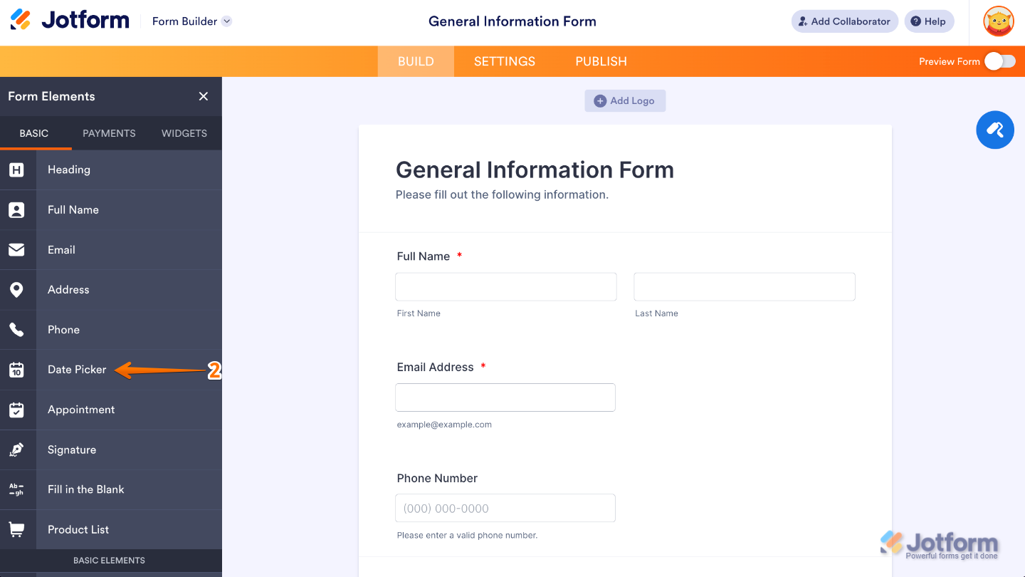 Form Elements panel under the Basic tab showing the Date Picker field being selected and added to a form