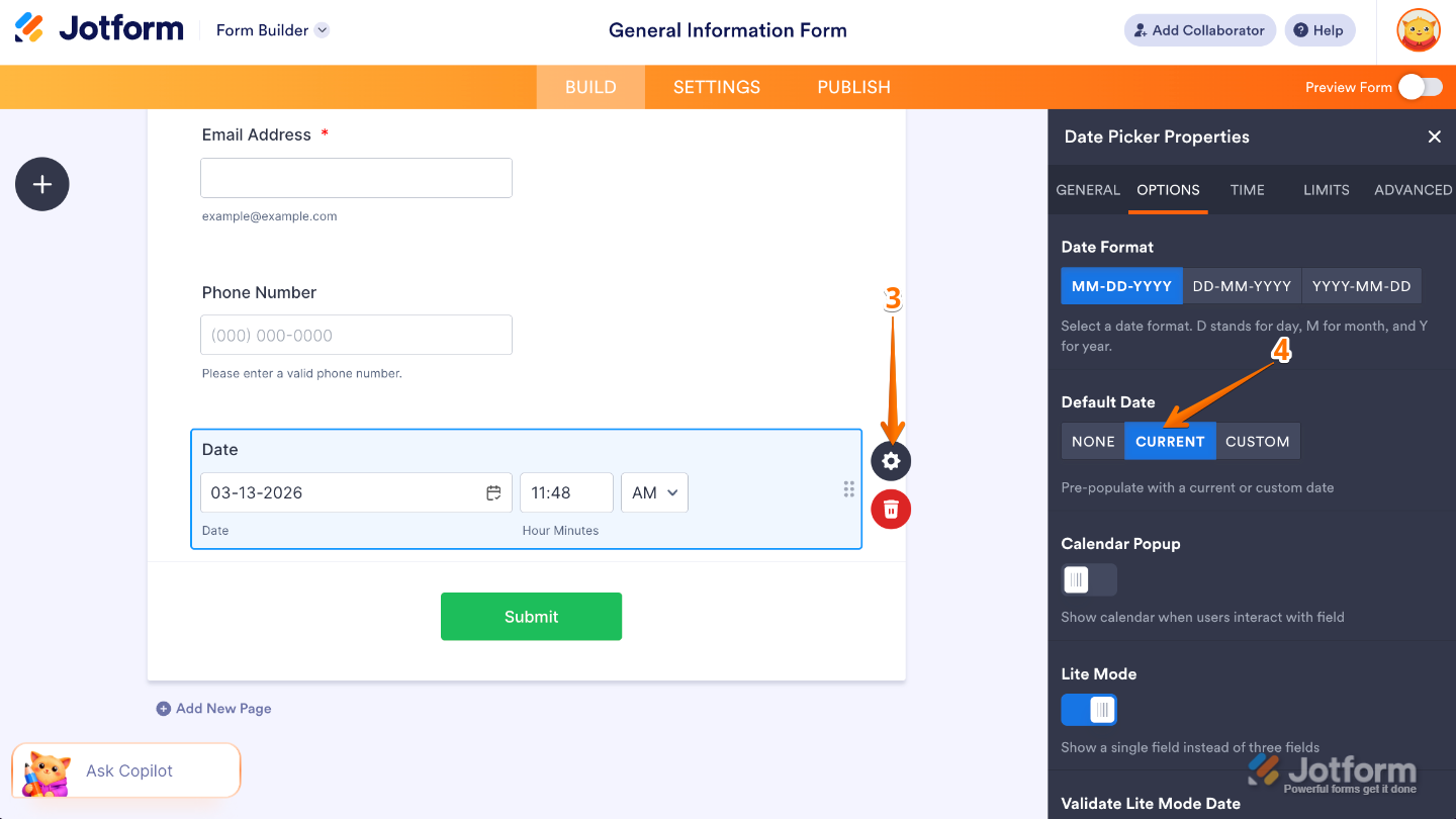 Date Picker field settings showing the Gear icon and the Default Date option set to Current in the Options tab