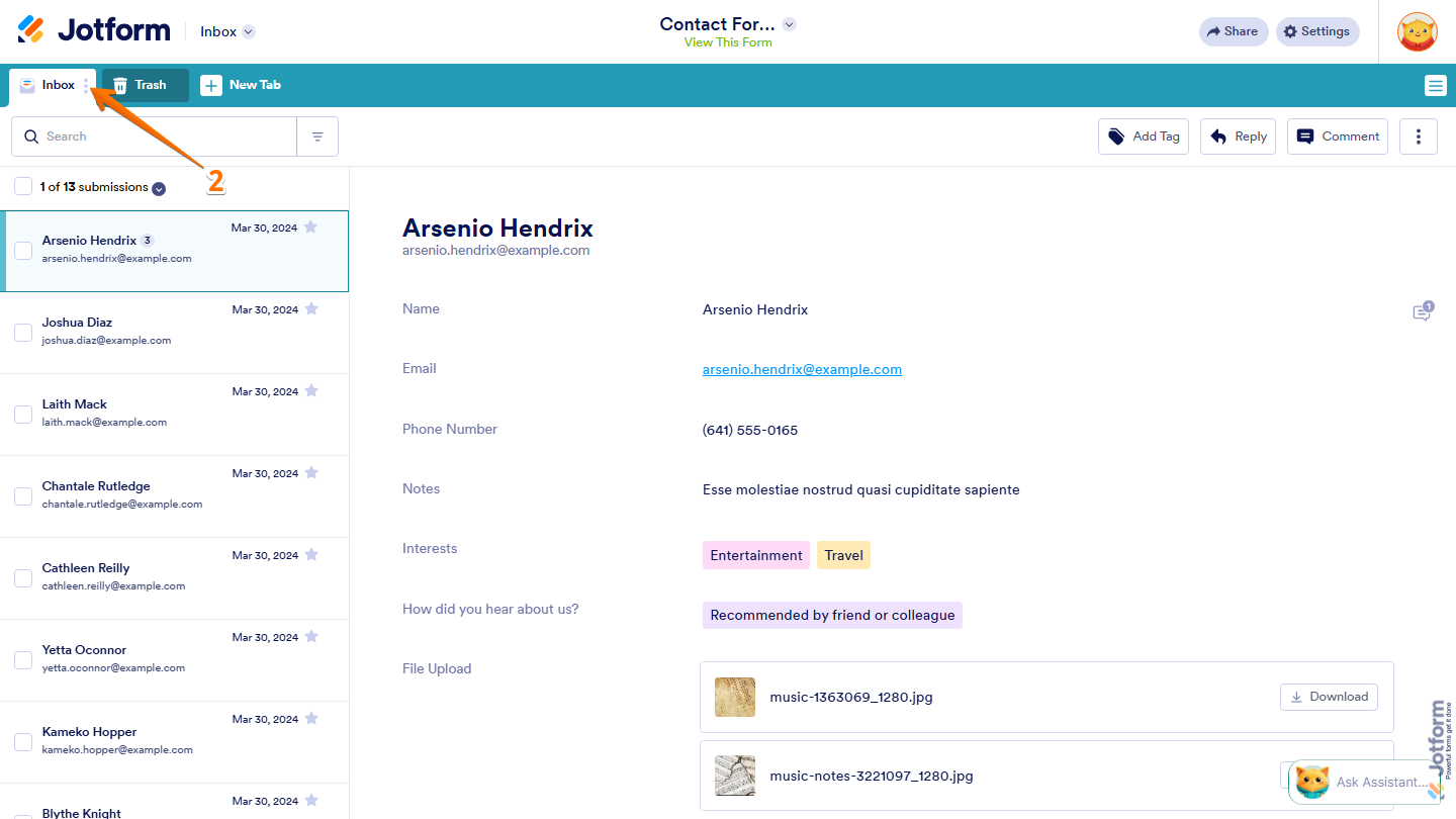 Jotform Inbox showing the Three Dots menu next to the Inbox tab in Jotform