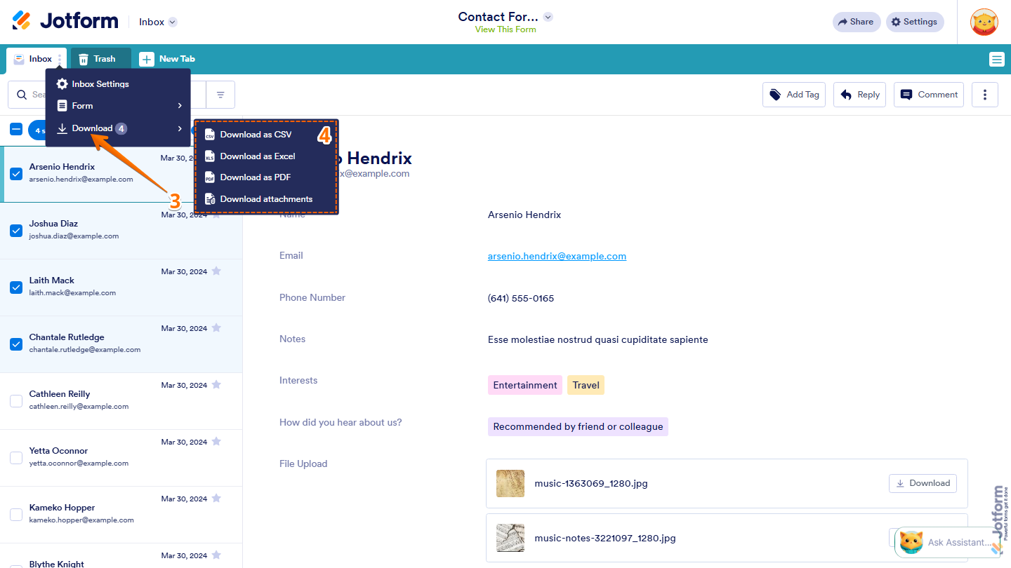 Jotform Inbox Download menu showing CSV, Excel, PDF, and Attachments export options for selected submissions