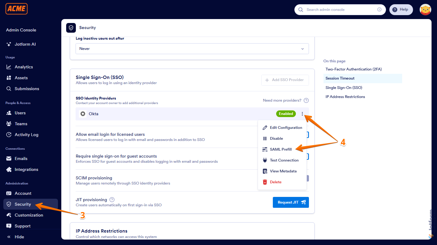 Admin Console Security page showing SSO Identity Providers menu with SAML Prefill option in Jotform