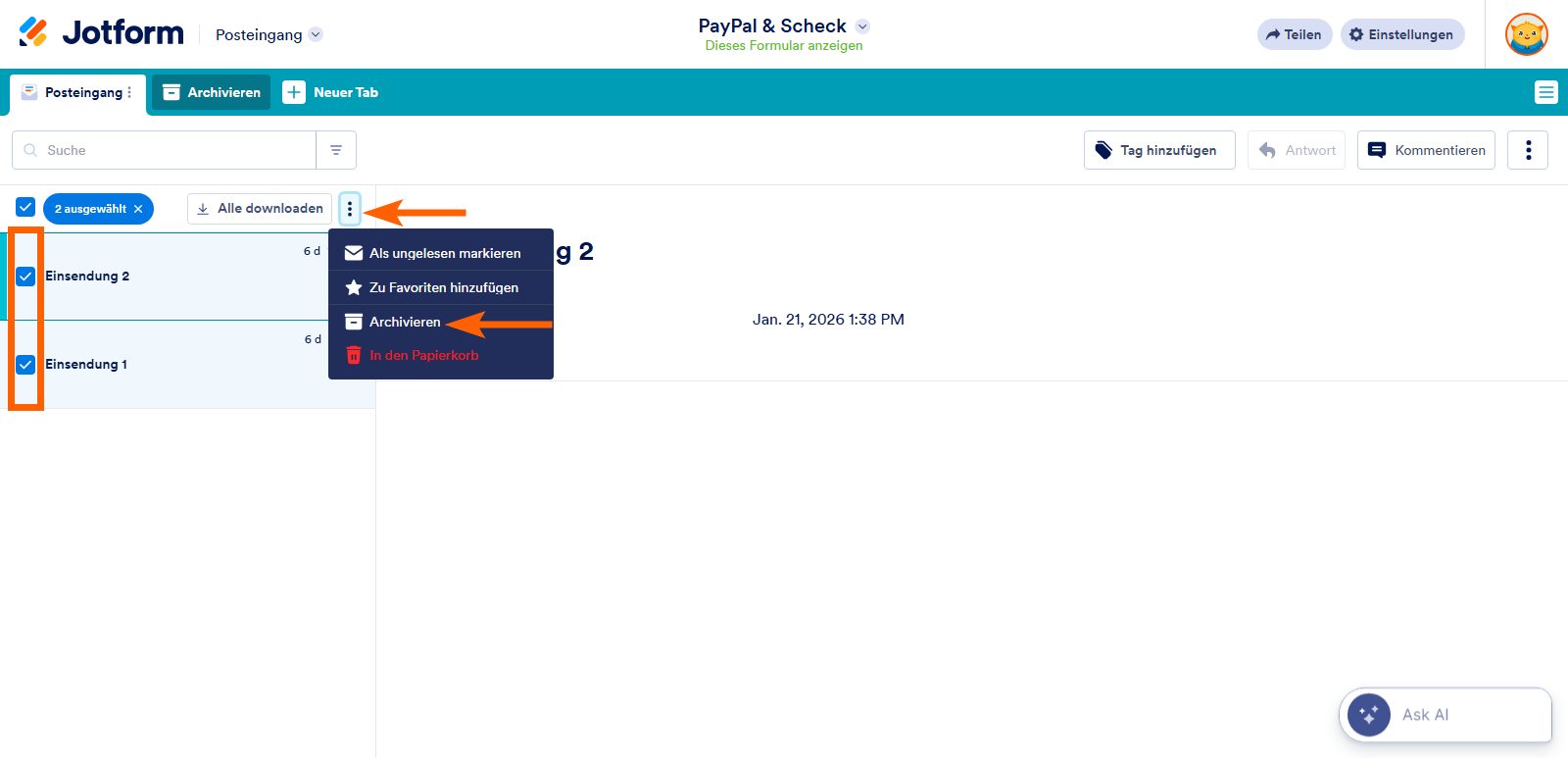 Wie Sie Formularantworten im Jotform Posteingang archivieren und dearchivieren Image-5