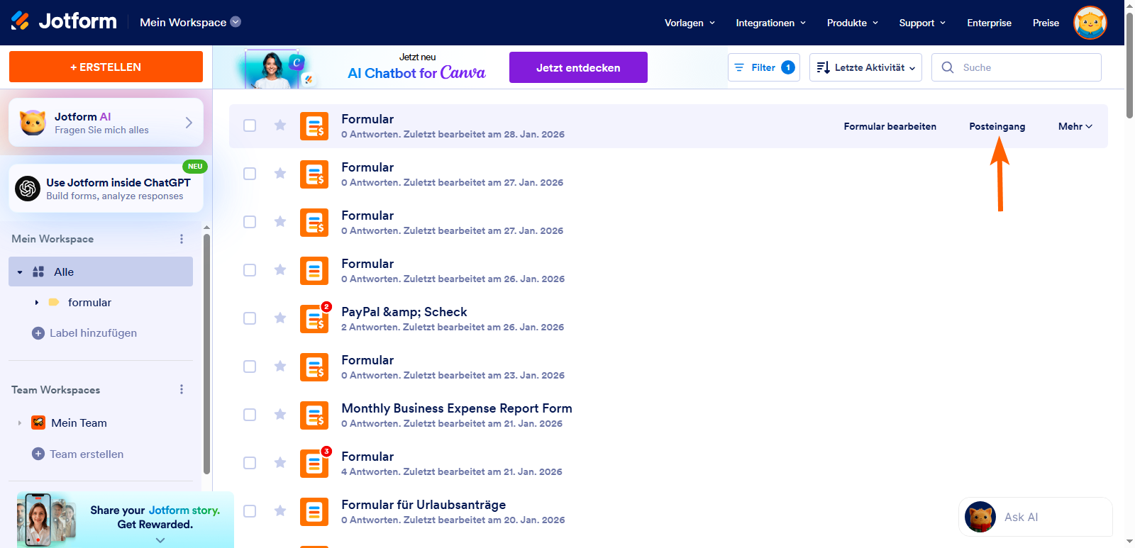 Wie Sie Formularantworten im Jotform Posteingang archivieren und dearchivieren Image-2