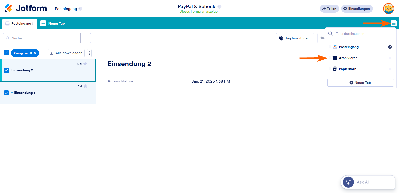 Wie Sie Formularantworten im Jotform Posteingang archivieren und dearchivieren Image-4