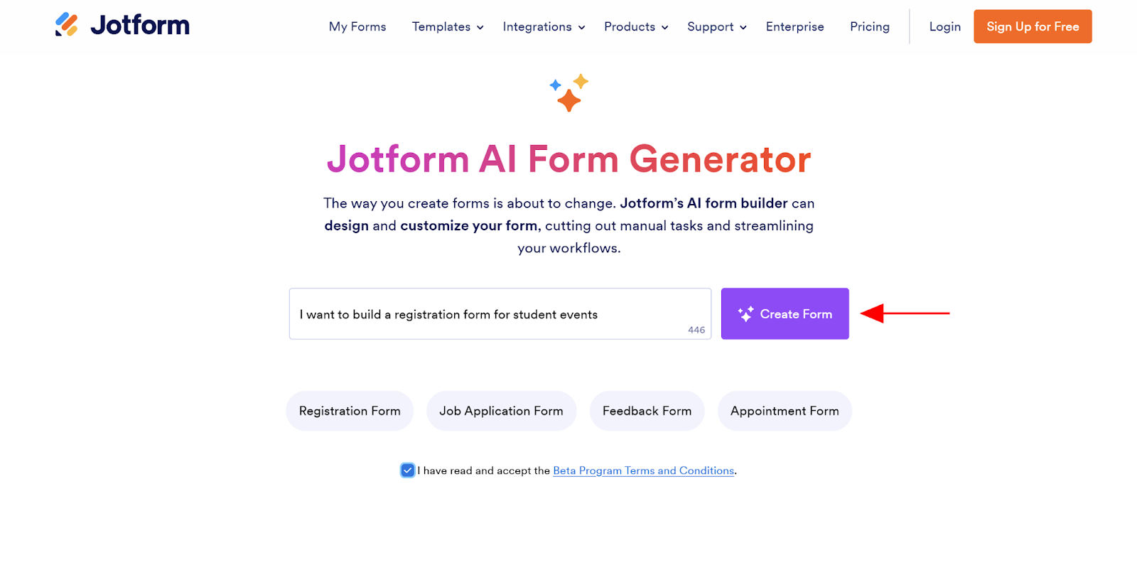 Screenshot of the Jotform AI Form Generator, with arrow pointing to the Create Form button