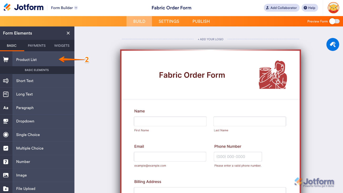 Form Elements panel under the Basic tab showing the Product List element selected