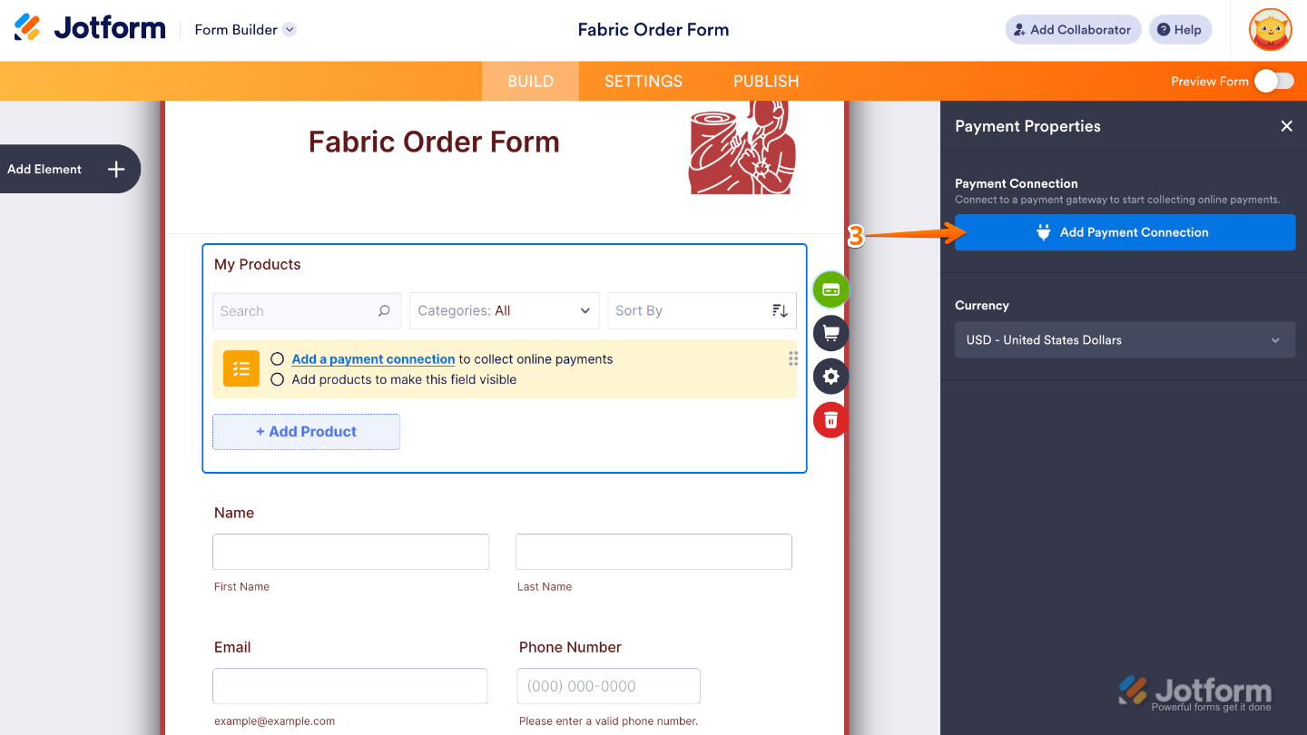 Payment Properties panel showing the Add Payment Connection button on the right side of the page