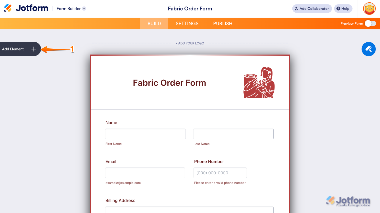 Form Builder interface showing the Add Element button on the left side of the page