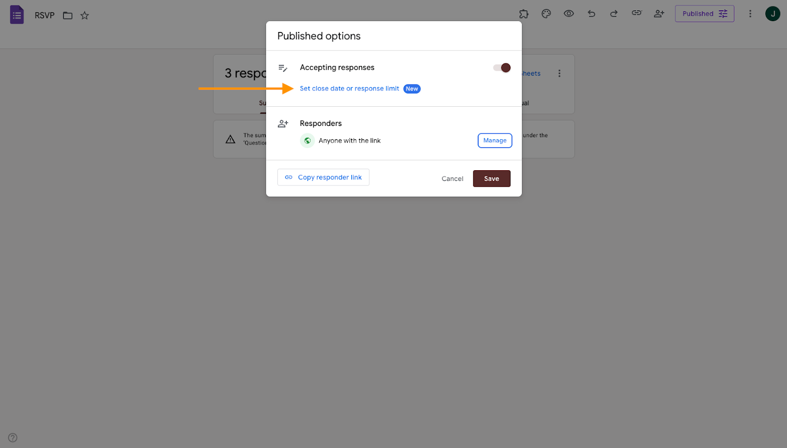 Google Forms "Published options" "Set close date or response limit" button