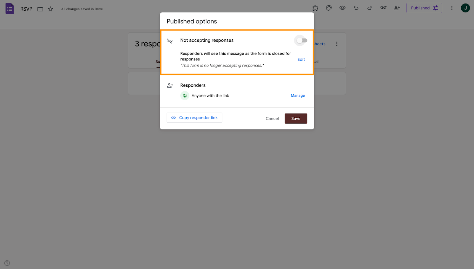 Google Forms Published Options Pop-up Menu  Form Response Acceptance Status Slider