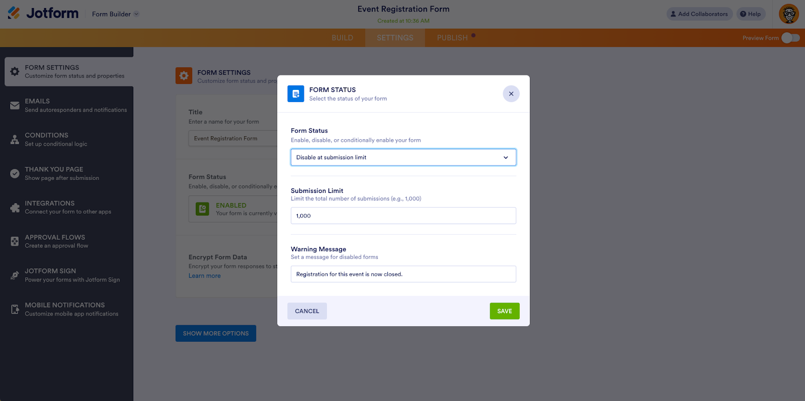 Jotform Form Builder Form Status Pop-up Menu "Disable at submission limit" Option