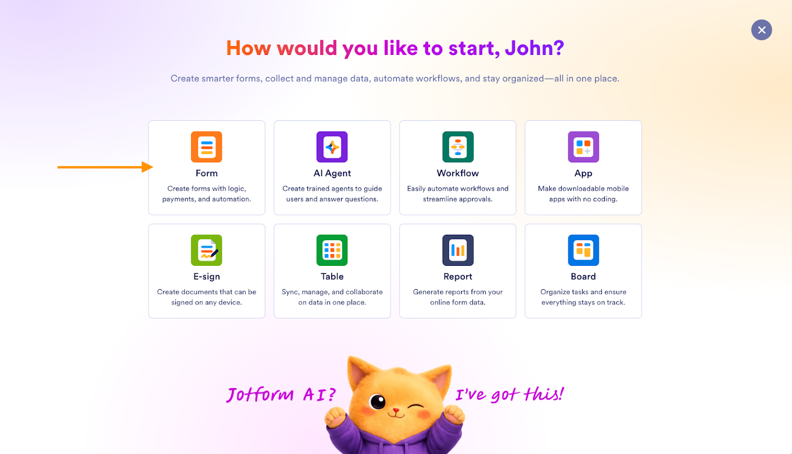 Jotform Asset Creation Asset Type Selection Menu