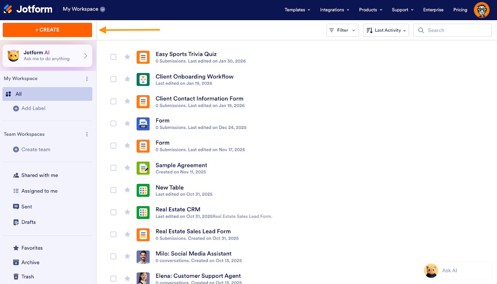 Jotform Workspace "Create" Button