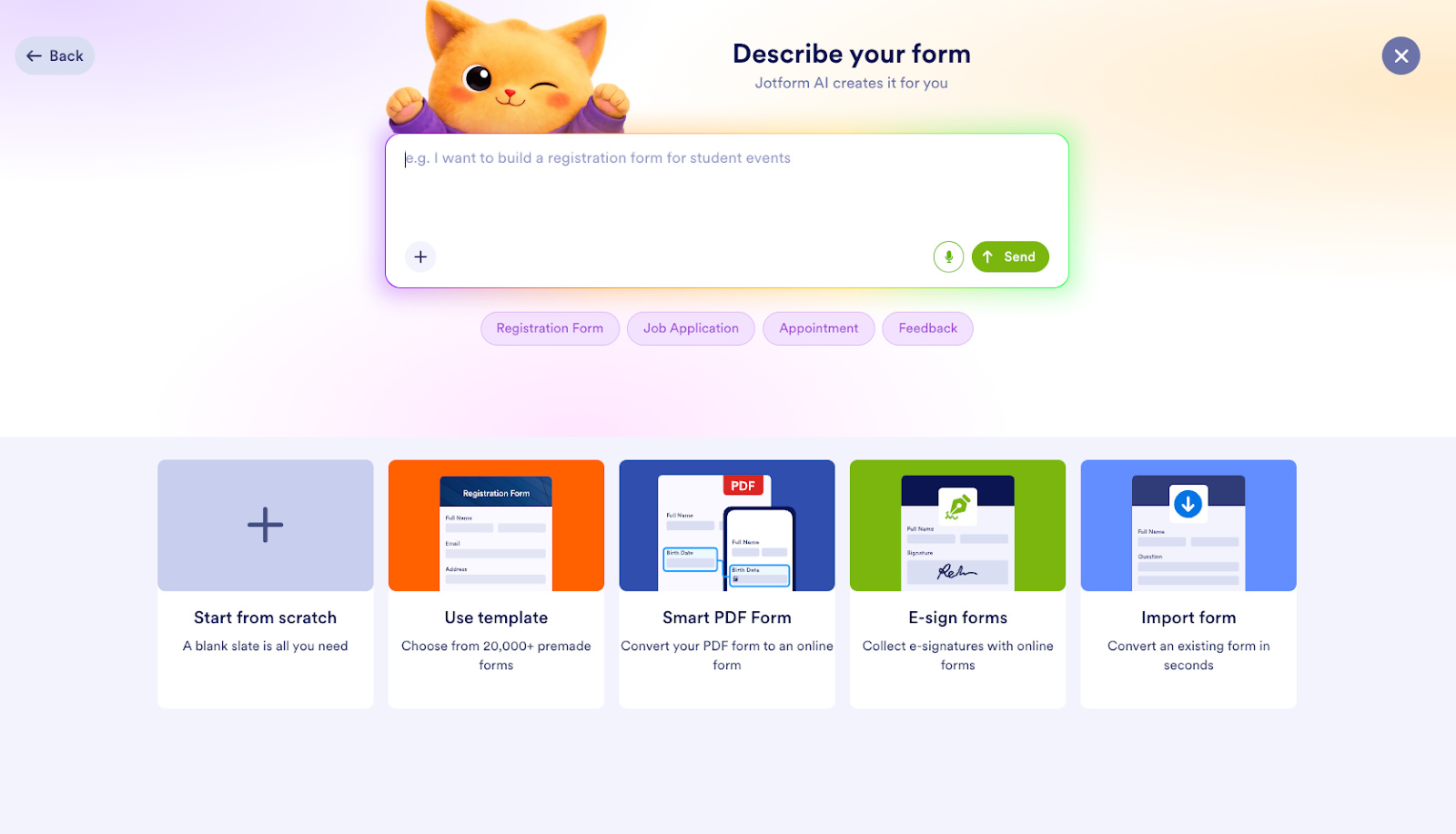 Jotform Workspace Form Creation Options Menu