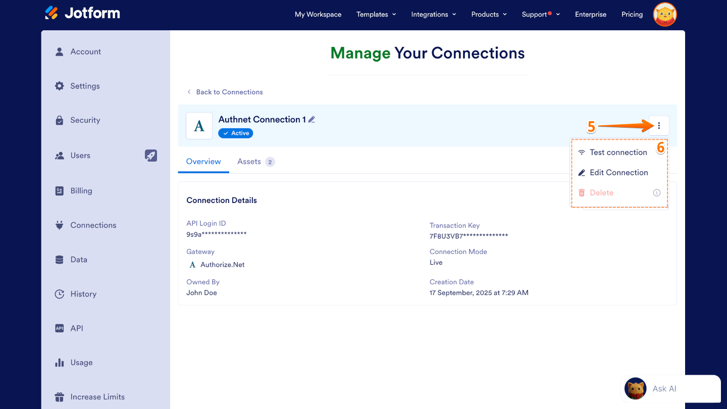 Three Dots menu icon on the left side of the Jotform page showing additional options for managing settings