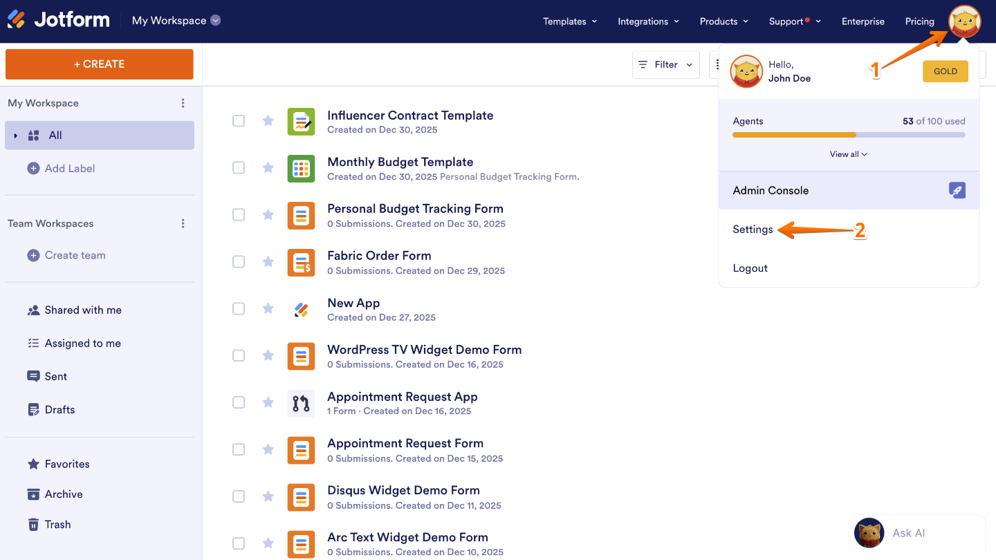 Workspace showing the profile avatar menu with the Settings option selected