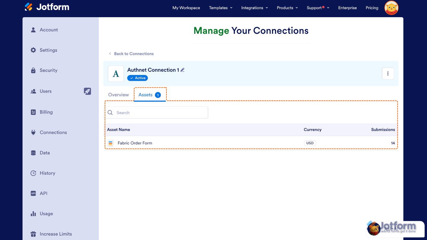 Assets tab showing a list of assets with columns for Asset Name, Currency, and number of Submissions received