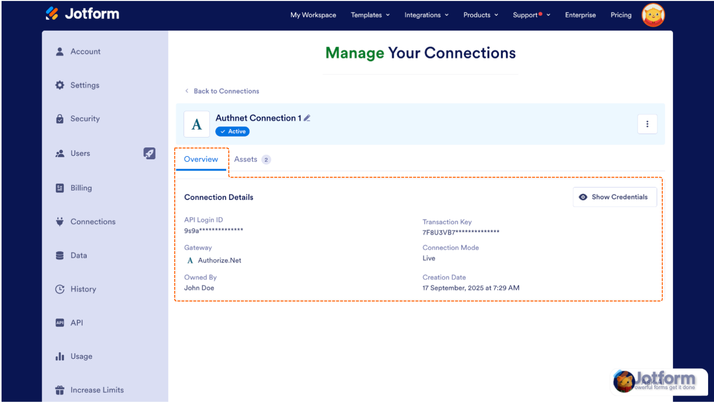 Payment connection Overview tab showing key details like API login ID, transaction key, gateway, owner, mode, and creation date
