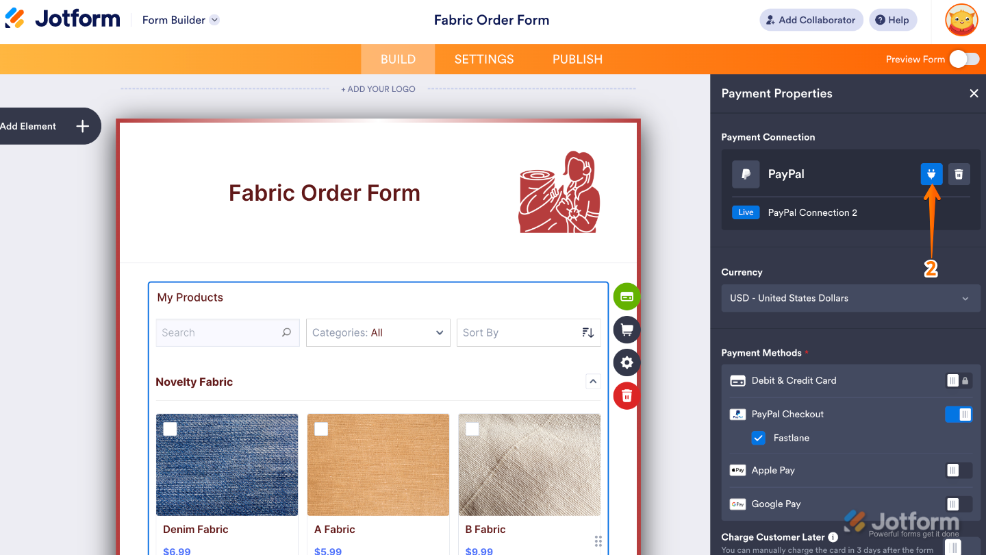 Payment Properties panel showing the Plug icon on the right side of the page to manage payment connections