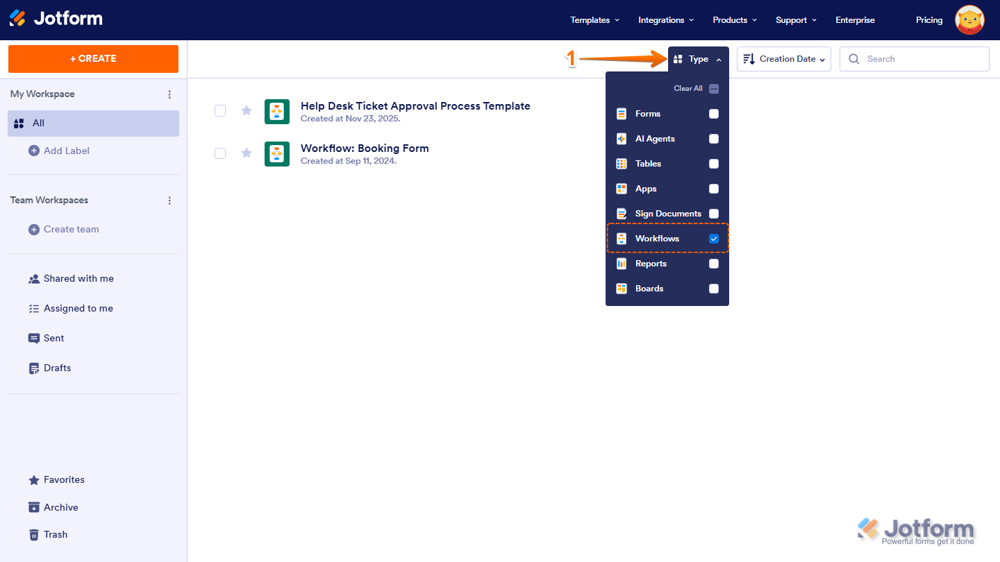 Jotform Workspace page showing the Type dropdown menu with all asset types unchecked except Workflows, highlighting how to filter and access workflows