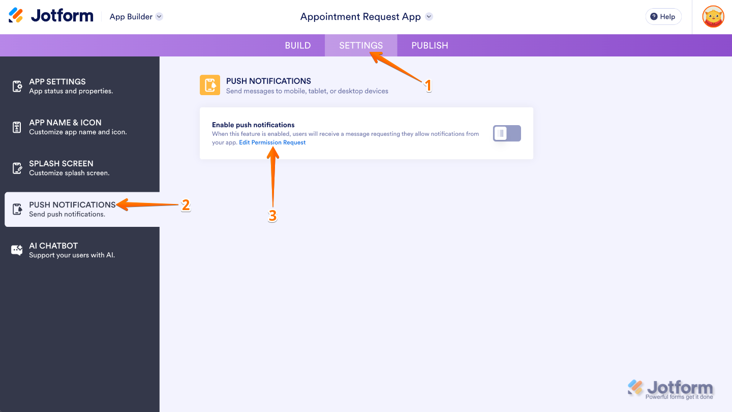Menú de configuración del Creador de Apps mostrando Notificaciones Push seleccionado en la navegación del lado izquierdo