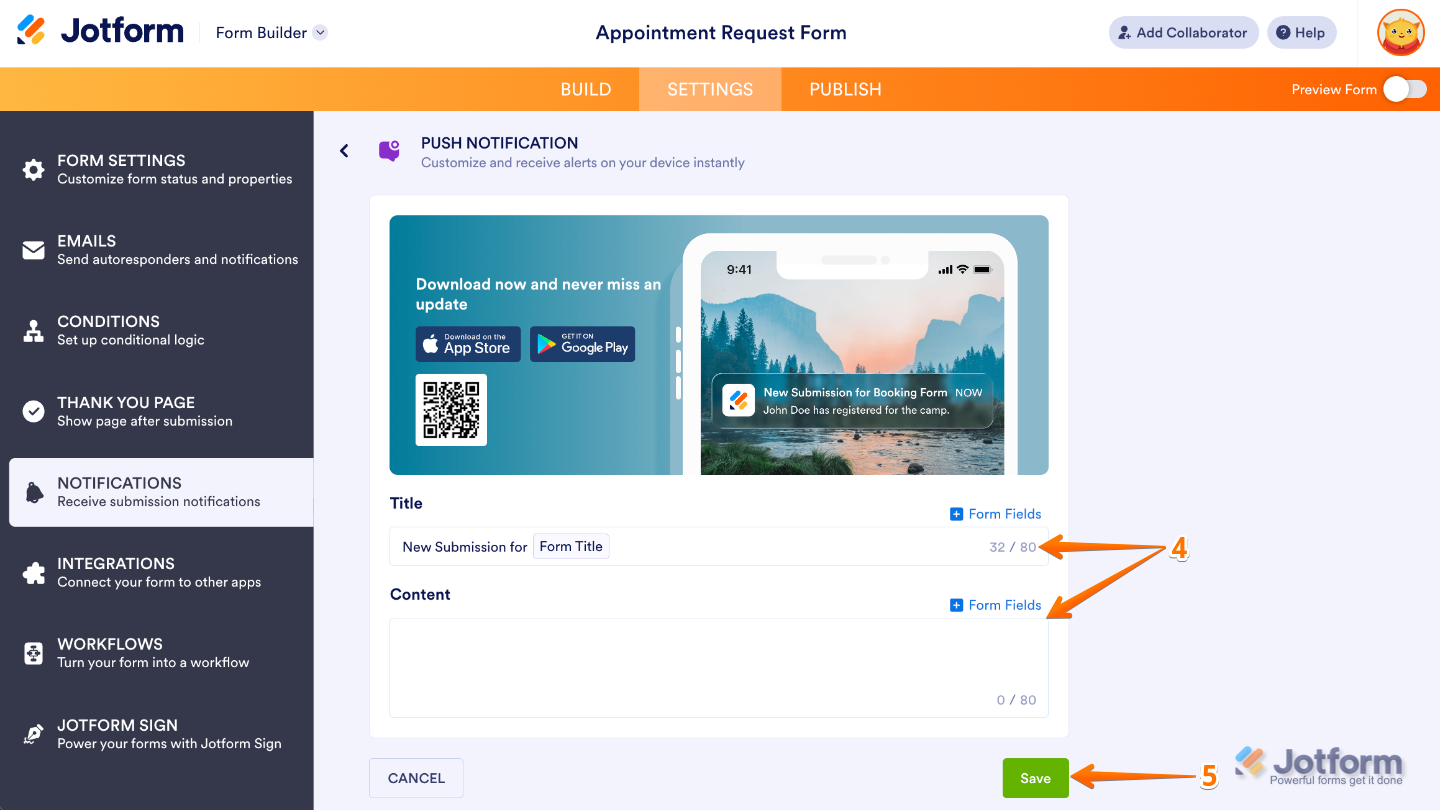 Configuración de Notificación Push del creador de formularios mostrando campos para ingresar Título y Contenido, con un botón Guardar para confirmar los cambios