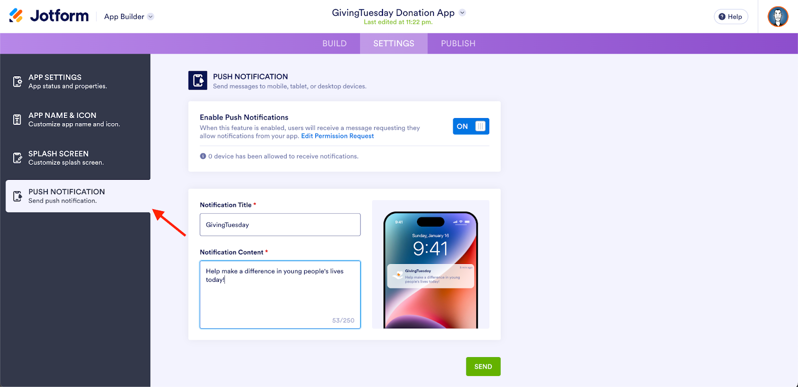 Clicking on the Push Notification Tab Under the Settings Tab on Jotform App Builder