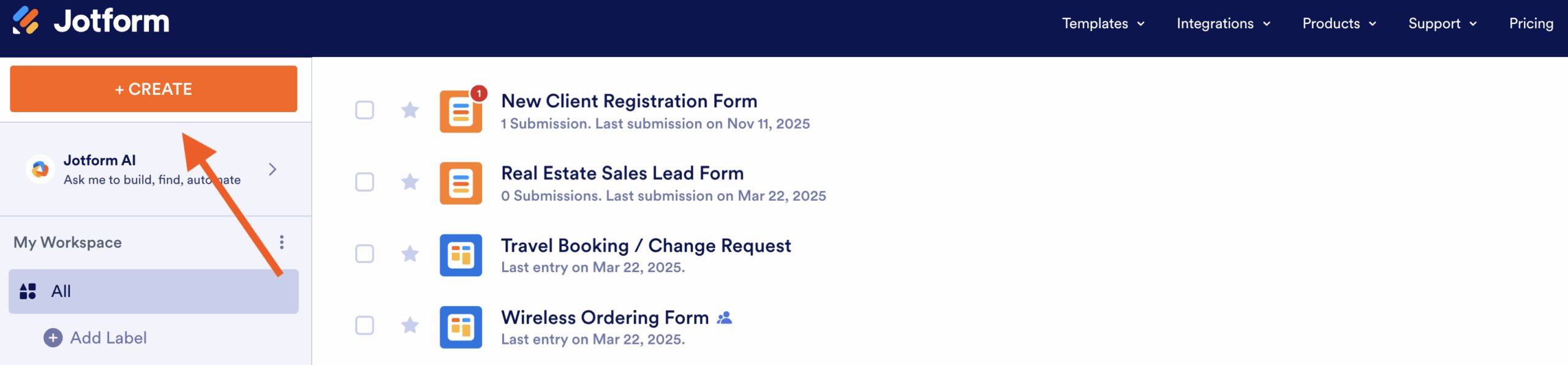Clicking on the Create button on My Workspace