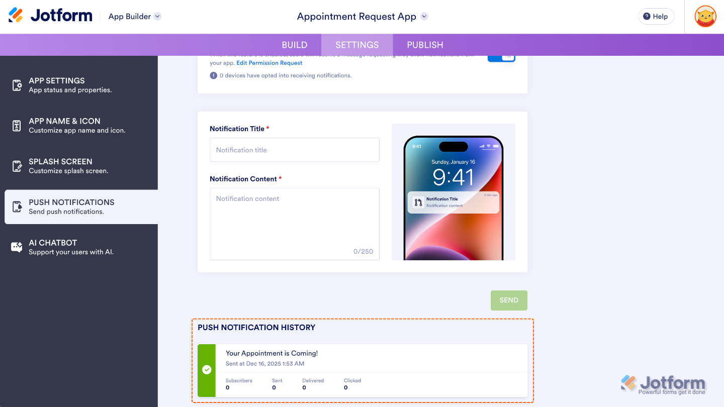 Pestaña de Notificaciones Push del Creador de Apps mostrando el historial de notificaciones con el conteo de suscriptores, notificaciones enviadas y entregadas, y estadísticas de clics