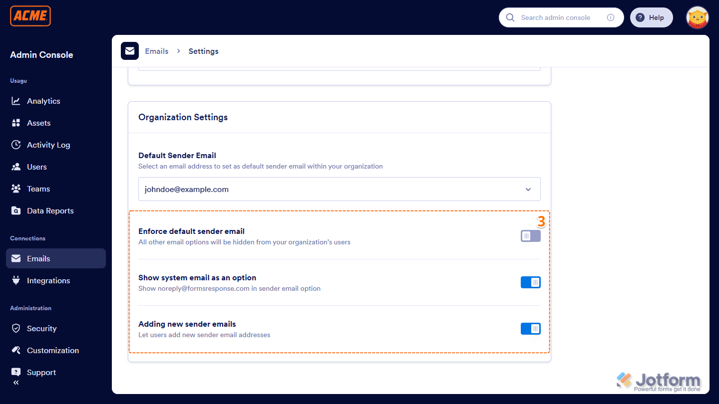 Other Organization Settings of the Admin Console in the Jotform Enterprise Server