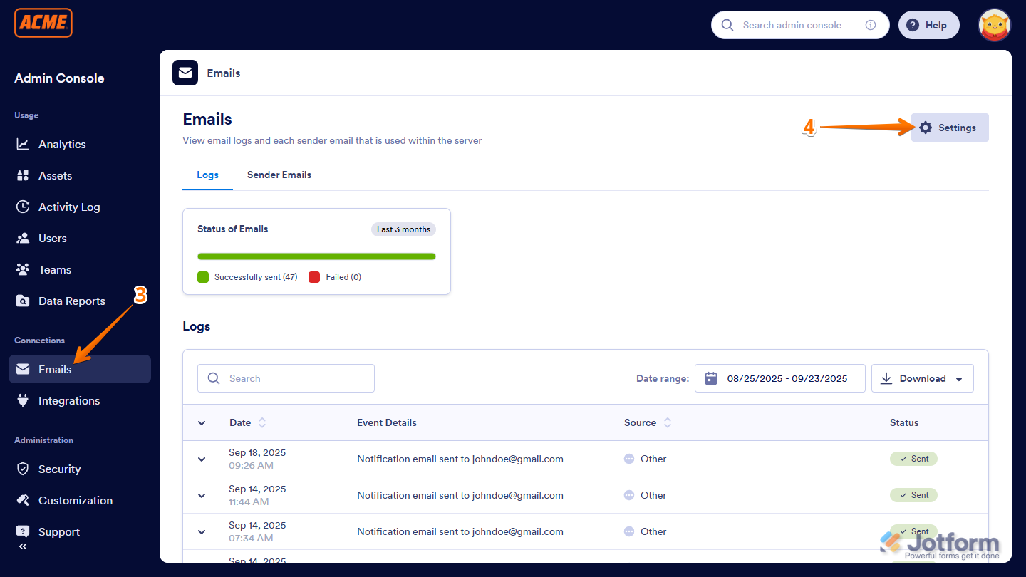 Settings button in the Emails section of the Admin Console in the Jotform Enterprise Server