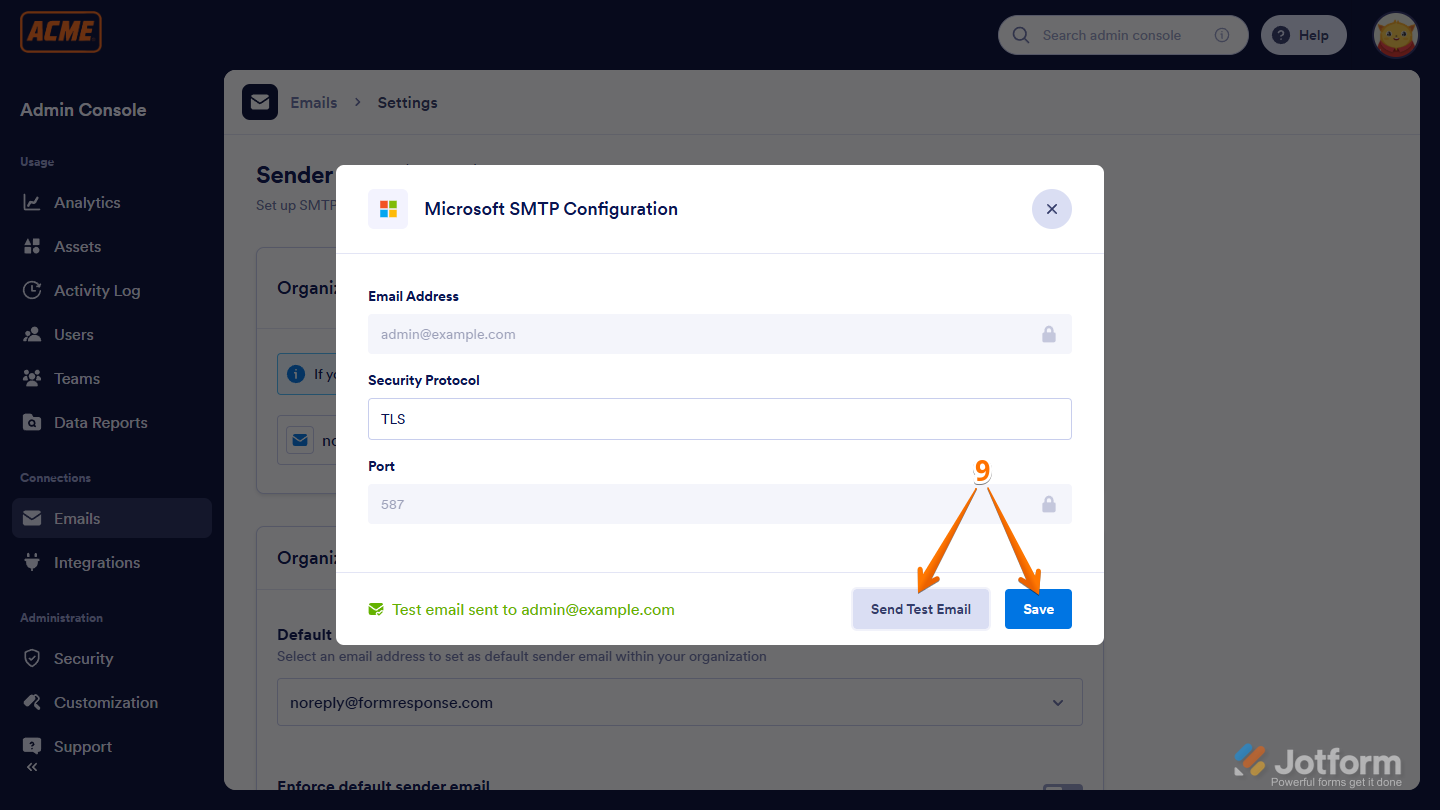 Save SMTP of the Admin Console in the Jotform Enterprise Server