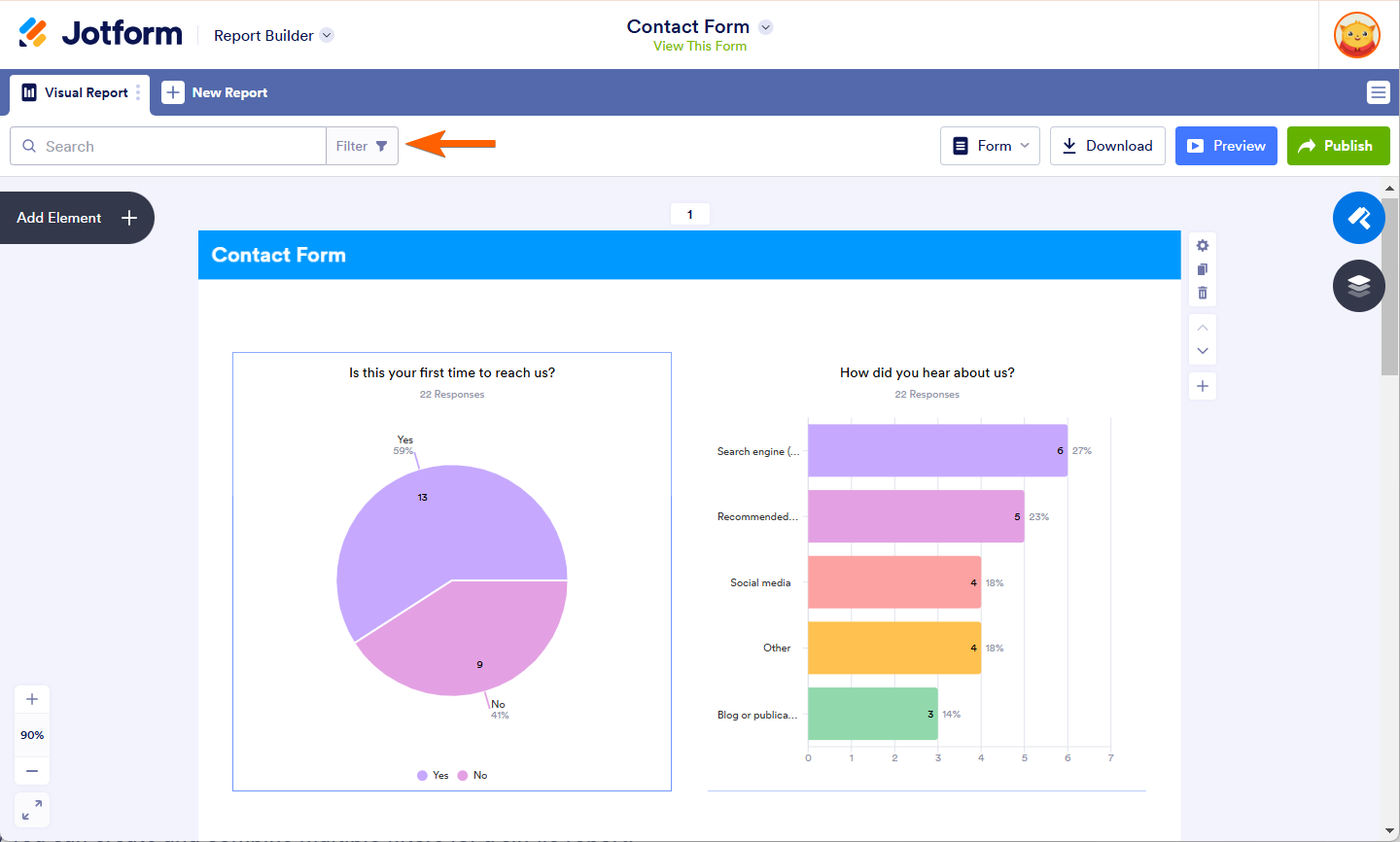 Filter option to open the Filter Box in Jotform Visual Report Builder