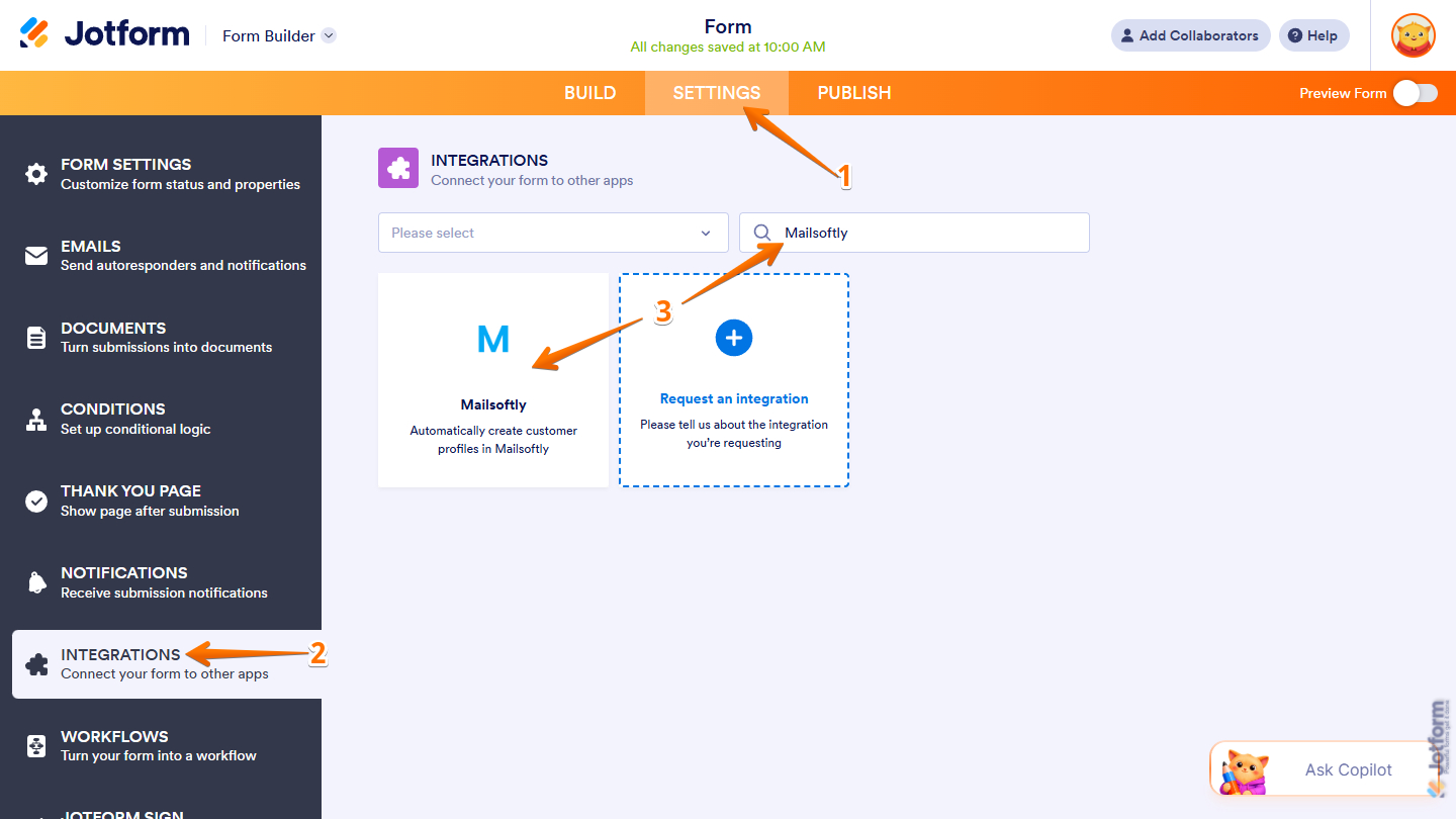 Mailsoftly option in the Integrations tab of the Jotform Form Builder