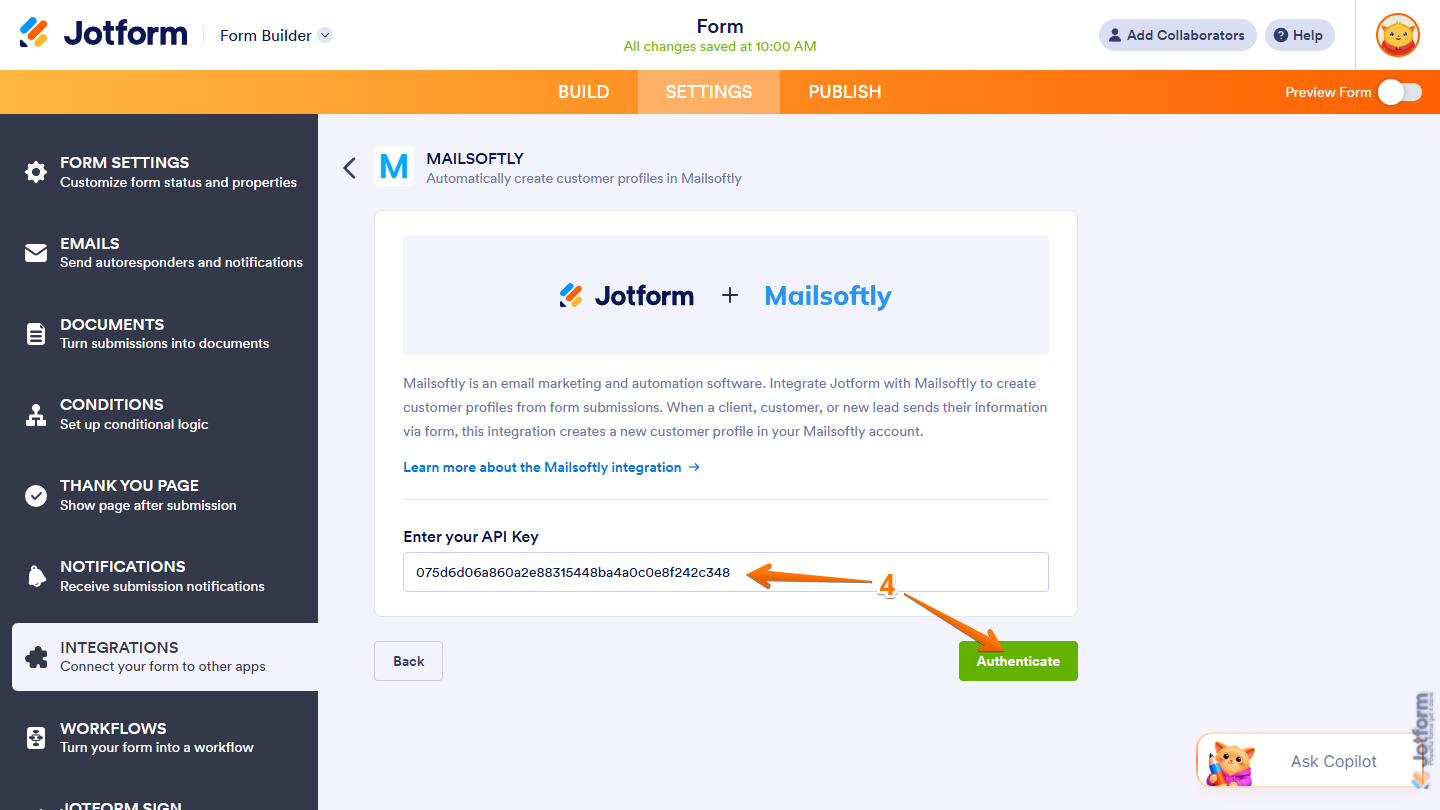 Enter Your API Key field and Authenticate button in the Mailsoftly integration settings