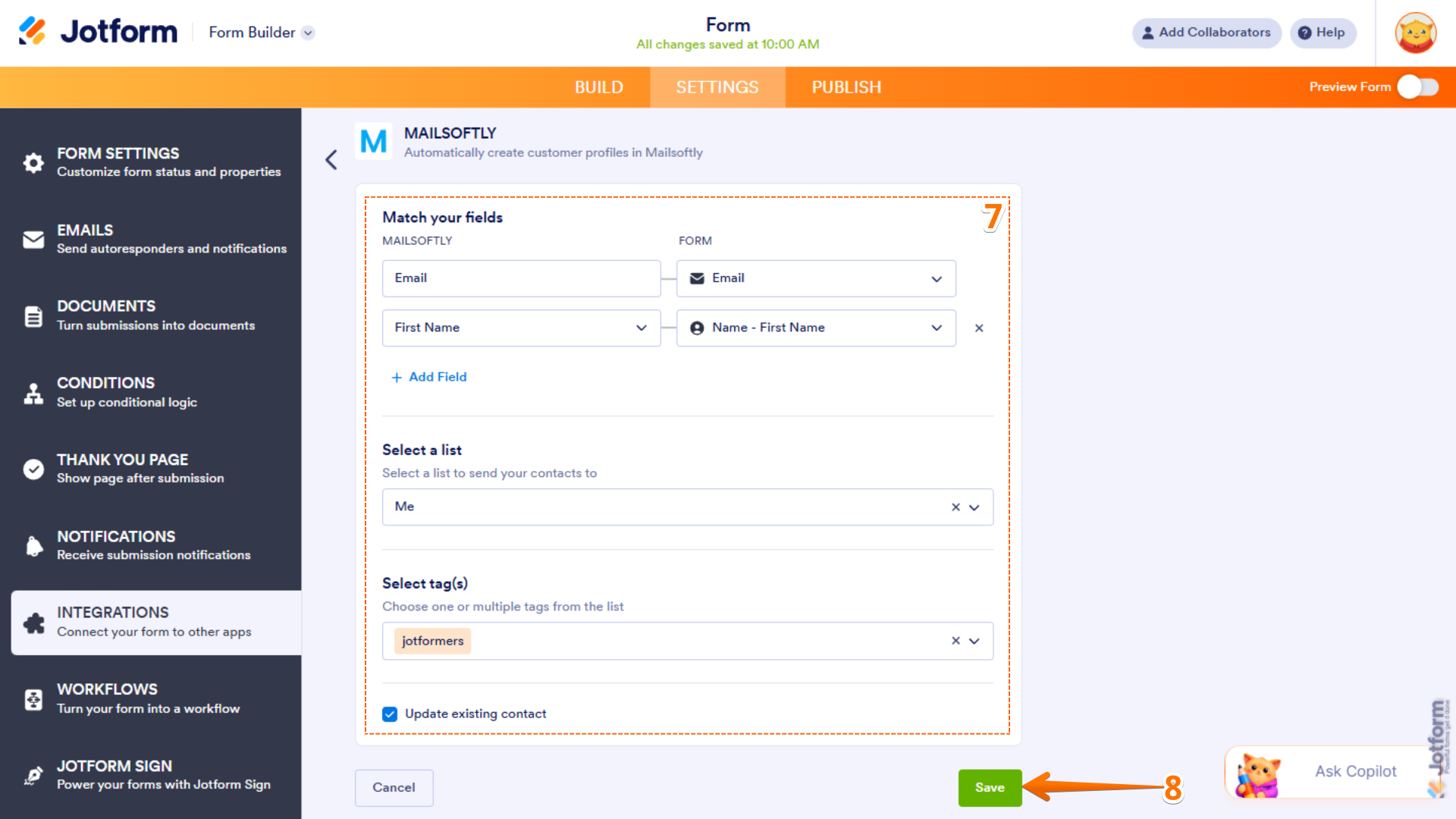 Mailsoftly integration settings