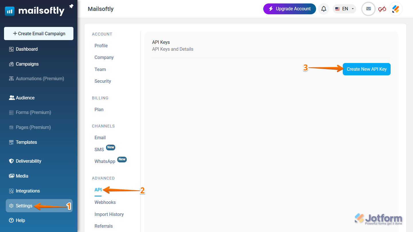 Create New API Key button in Mailsoftly