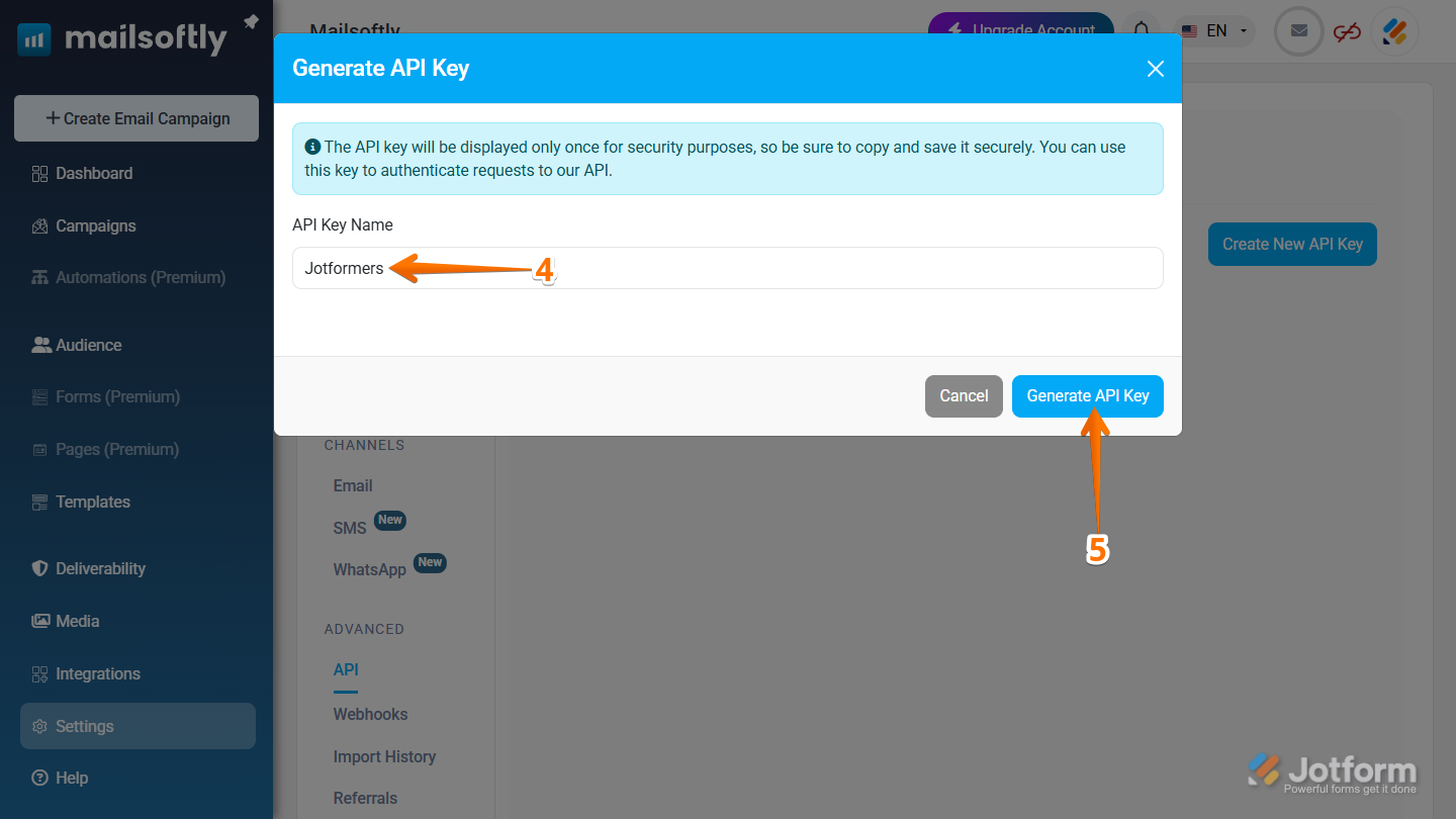 Generate API Key button in Mailsoftly